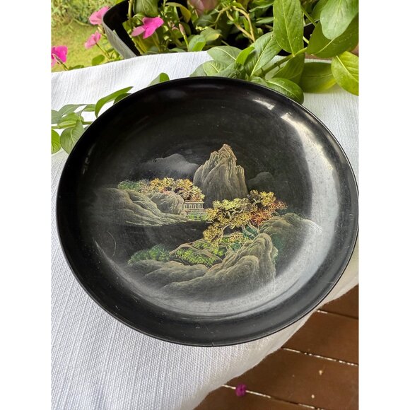 Set of 6 Vintage Hand-Painted Lacquer Plates | Asian Landscape Scene | - Picture 4 of 4